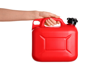 Female hand holding canister on white background
