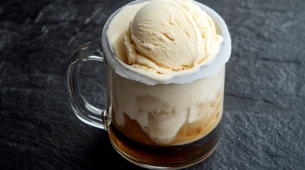 Traditional root beer float with vanilla ice cream in a frosted mug foam overflowing over the rim photographed on black stone background USA soda dessert cut out on isolated transparent background