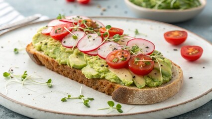 Delicious avocado toast with fresh radish tomatoes and microgreens on a plate