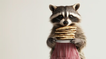 Raccoon holding stack of pancakes while wearing an apron  