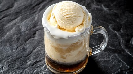 Traditional root beer float with vanilla ice cream in a frosted mug foam overflowing over the rim photographed on black stone background USA soda dessert cut out on isolated transparent background