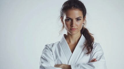 Adult woman, dressed in karate uniform, looking at camera, waist-length view, doing karate pose, generative ai