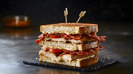 Triple decker turkey club sandwich with bacon and tomato served on dark background with toothpick garnish classic American deli food overlay cut out on isolated transparent removed background