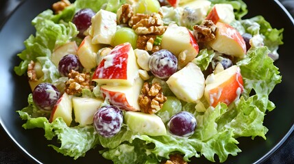 Waldorf salad with apples grapes walnuts and lettuce dressed in mayonnaise served on black plate American classic salad overlay cut out on isolated transparent removed background