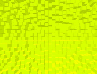 A fantasy landscape of extruded orange blocks in 3D illustration. 3D yellow abstract background with extruded rectangular blocks arranged in a grid-like pattern. The perspective creates a tunnel-like 