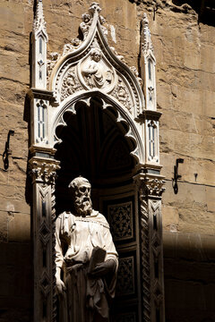 Close-up of Donatello Saint Mark on the facade of Orsanmichele, an early Renaissance masterpiece in Florence, Italy