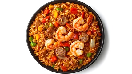 Spicy jambalaya rice with shrimp sausage and vegetables top down image on white background American Cajun cuisine overlay cut out on isolated transparent removed background