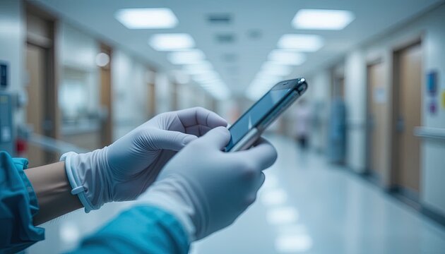 Close-up of gloved hands using a mobile phone in a hospital hallway.