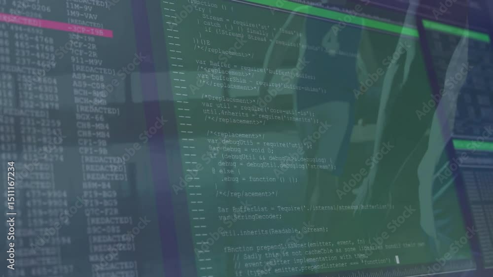 Poster two teammates walking corridor and initiating tech code overlay with scrolling logs filling frame