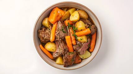 Tender pot roast with vegetables like carrots and potatoes arranged in bowl from overhead on white background USA overlay cut out on isolated transparent removed background
