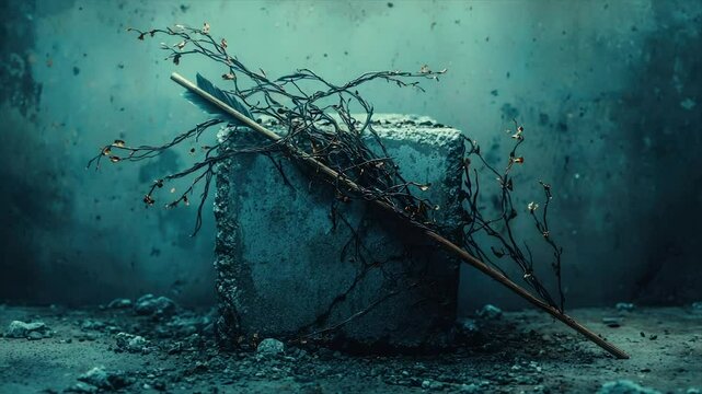 A still life of a weathered arrow impaled on a block, surrounded by debris and twigs