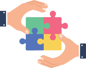 Hands holding colorful four piece puzzle teamwork concept vector illustration 
