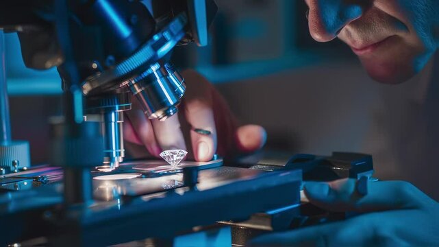 Professional gemologist meticulously examines diamond with advanced hyperspectral camera, adjusting settings for precise analysis under controlled lighting
