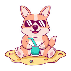 Cartoon corgi is sitting on the beach with a glass of juice