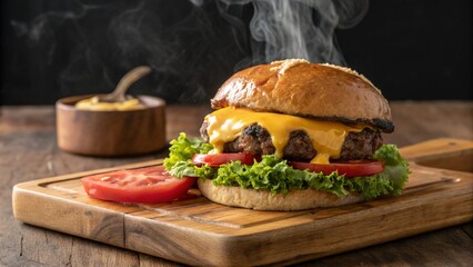 Delicious cheeseburger with steam on a wooden cutting board close up