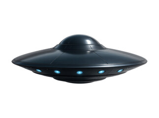 Futuristic Metallic UFO with Blue Lights in a Sleek Design, Captured from an Ideal Angle, Isolated on Transparent and White Background