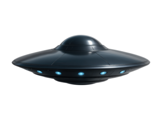 Futuristic Metallic UFO with Blue Lights in a Sleek Design, Captured from an Ideal Angle, Isolated on Transparent and White Background