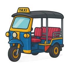 Colorful tuk-tuk taxi transporting passengers in urban setting vibrant illustration fun and engaging viewpoint