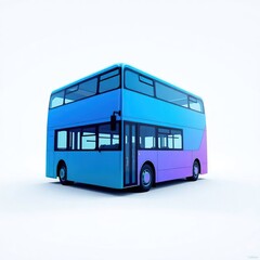 A blue and purple double-decker bus, rendered in a minimalist style, sits on a white background, tilted slightly towards the viewer