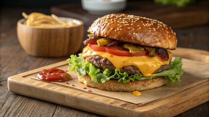 Delicious cheeseburger with bacon tomato lettuce and fries on a wooden board