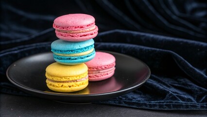 Colorful Macarons Stacked on a Black Plate with Dark Blue Velvet Backdrop