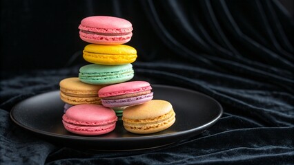 Elegant Stack of Colorful Macarons on a Black Plate with Dark Background