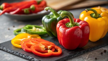 Fresh Bell Peppers in Colorful Arrangement on Slate Board