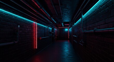 3d Abstract Dark Tunnel with Neon Lights Industrial Architecture