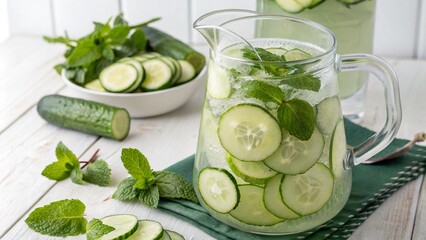 Refreshing Cucumber and Mint Infused Water in a Glass Pitcher on White Table