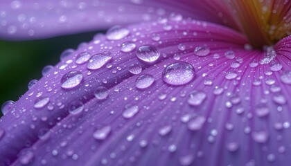 Close-up view of water droplets on a vibrant purple petal.