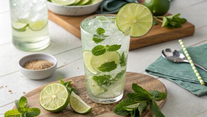 Refreshing Mojito Cocktail with Lime and Mint on a Wooden Board