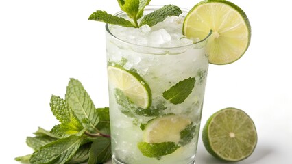 Refreshing Mojito Cocktail with Lime and Mint on a White Background