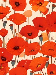 Anime illustration of vibrant red poppies blooming, natural beauty.