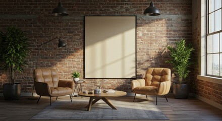 3D Interior Living Room Brick Wall Furniture Modern Home Decor Plants