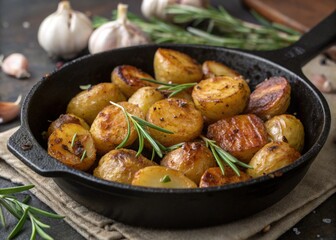 Roasted Potatoes with Rosemary and Garlic in a Cast Iron Pan