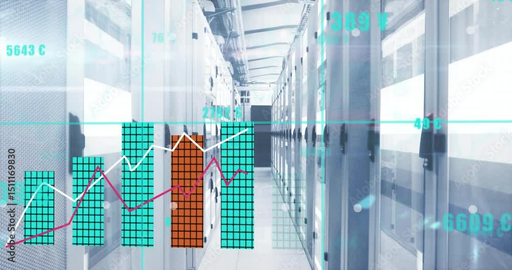 Poster on startup, grid appearing with numeric labels over racks, bars animating rightward showing metrics