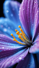 Extreme close-up of a purple crocus flower with yellow stamens and dewdrops