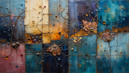 A textured wall composed of ceramic-like tiles in blue, rust, and ochre tones