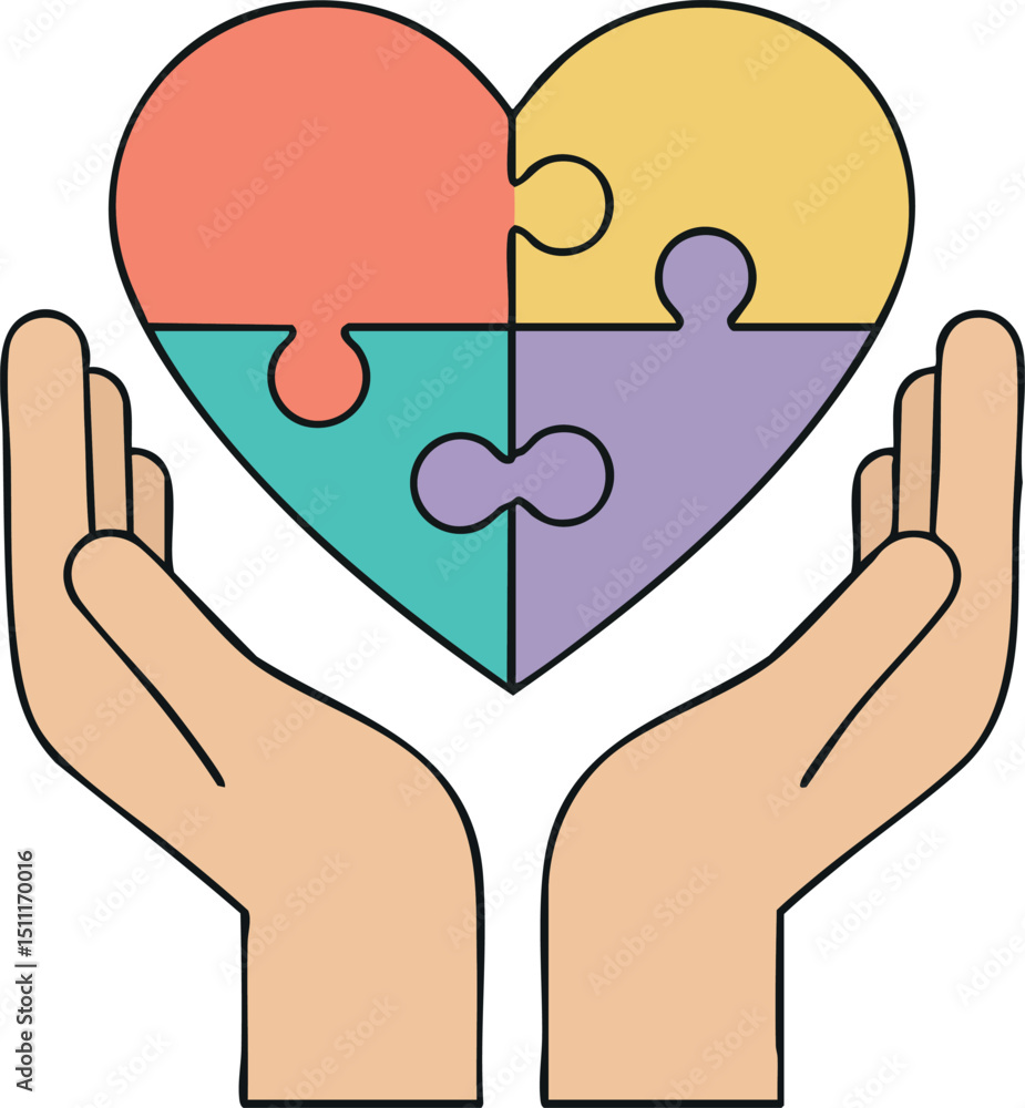Poster heart puzzle symbol held by two hands representing care and unity in abstract design