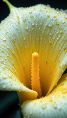 A close-up of a yellow and white calla lily flower, with water droplets on the petals