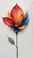 A stylized flower in red, orange, and blue tones on white background