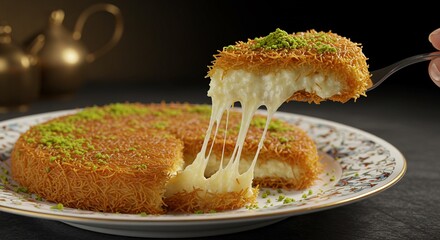 Delicious turkish cheese kunafa pastry dessert sweet food photography cafe meal rich syrup plate