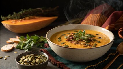 Warm and comforting pumpkin soup with pumpkin seeds and herbs