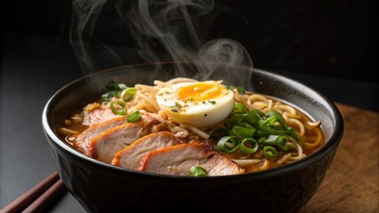 Steaming bowl of ramen with pork egg and green onions