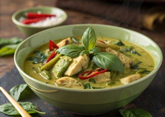 Delicious Thai green curry with tofu and vegetables served with rice