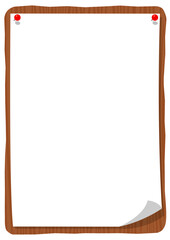 kanban_wood_6_4_2_br_2505ヴィンテージの板に押しピンで止めた紙のフレームイラスト_縦
