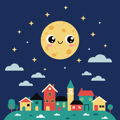 Fototapeta premium Cute smiling moon over colorful small town night sky vector illustration 