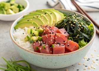 Delicious Tuna Poke Bowl with Avocado Seaweed Salad Rice and Cucumber