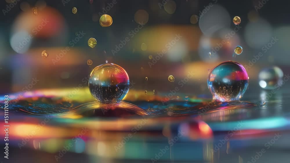 Poster saline droplets suspended midair gradually transforming into vibrant microcrystals, reflecting iride