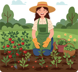 Woman Gardening Planting Tomatoes and Herbs Wearing Hat and Gloves in Outdoor Garden Scene 